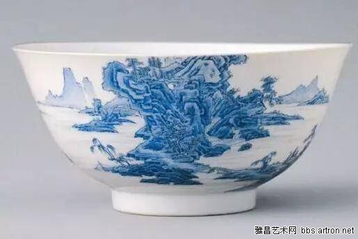 雍正 瓷胎画珐瑯蓝料山水碗